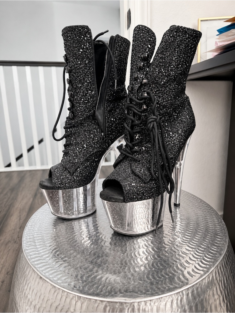 Pleaser Adore Glitter Lace-Up Platform Ankle Boots - Black